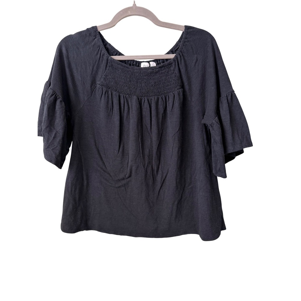 GAP Women Black Smocked Square Neck Flutter Sleeve Top XS